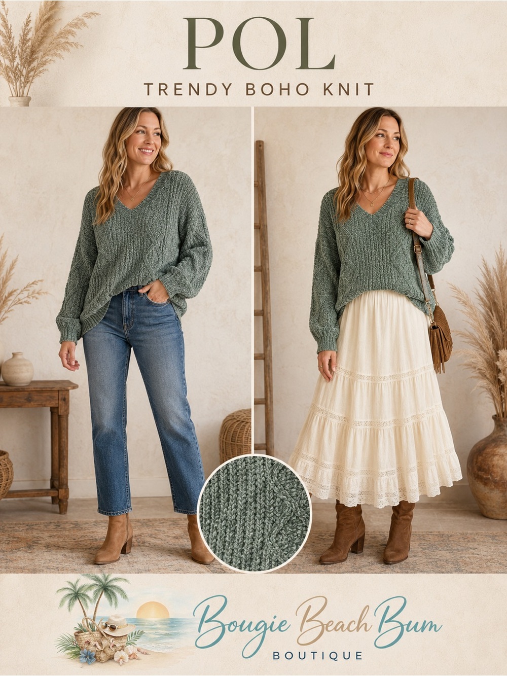 POL Women's Deep Sage knit sweater for fall. Small